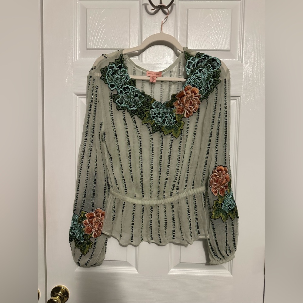 Anthropologie brand Floral Embroidered Sheer Blouse